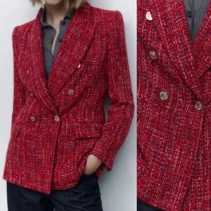 Zara Blogger Favorite — Women's Red Tweed Double-Breasted Blazer